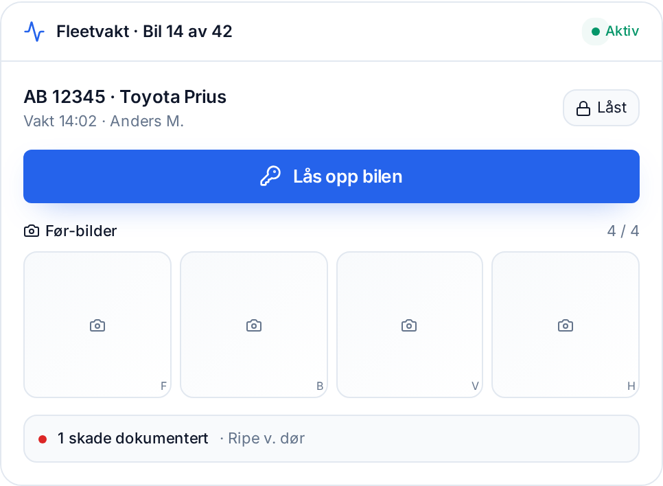 Fleetvakt-appen viser bilstatus, knapp for å låse opp bilen, før-bilder og dokumentert skade.